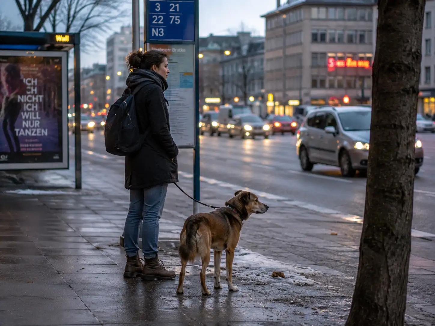 Proprietar cu câine așteptând transport în București